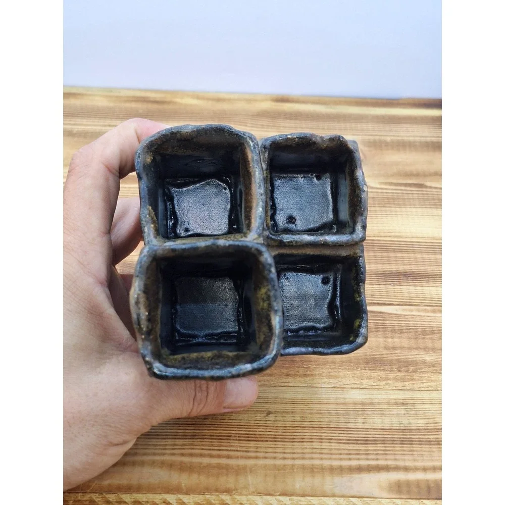 Pen Pencil Holder Earthen Tone‎ ware 4 Slot Tired Hand-crafted Artisan Glaze Vtg